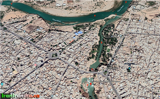  عکس  هوایی  از  رودخانه  کارون.  1-  بند  میزان  2-  سد  گرگر  3-  آسیاب‌های  شوشتر  4-  شطیط  یا  چهاردانگه    5-  گرگر  یا  دودانگه    6-  رودخانه  کارون    7  –  بقایای  پل  تاریخی  شوشتر  (عکس  متعلق  به  Google  Earth  است) 