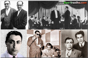  بالا  راست  و  چپ:  روح  الله  خالقی  و  غلامحسین  بنان  پایین  راست:  احمد  ابراهیمی  و  غلامحسین  بنان  پایین  وسط:  اسماعیل  نواب  صفا  و  غلامحسین  بنان 